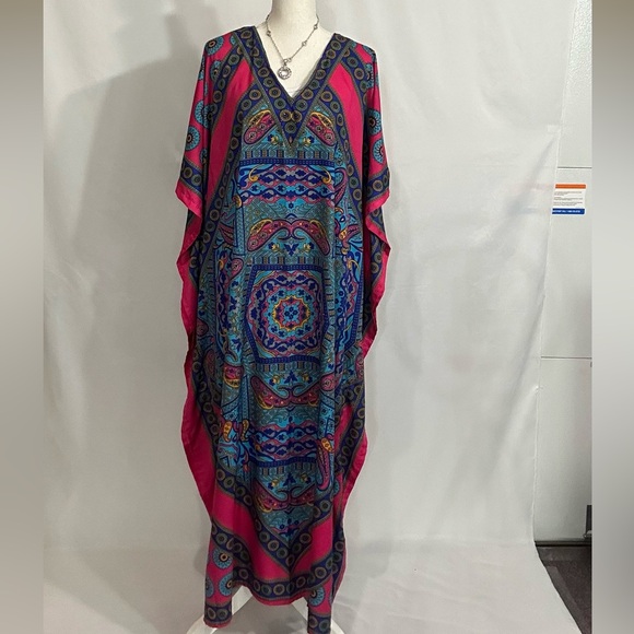 Pink and Blue Resort Wear Dress with V-Neck and Dolman Sleeves - Picture 1 of 5